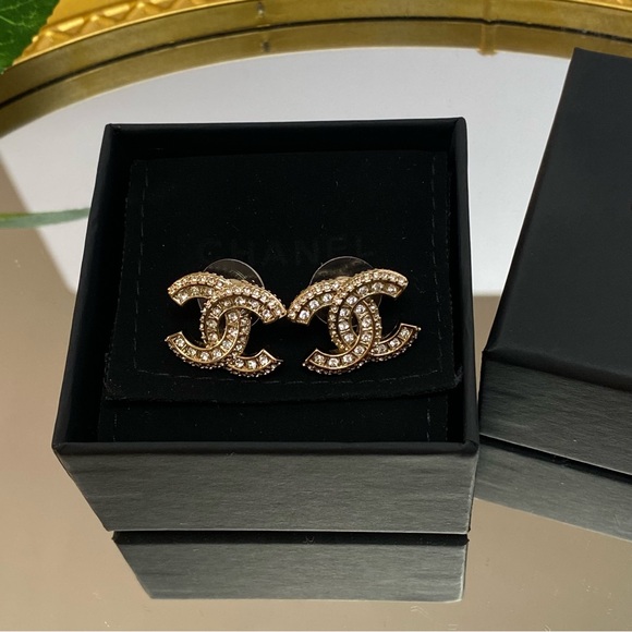 CHANEL Gold and Crystal Logo Earrings - Picture 1 of 7